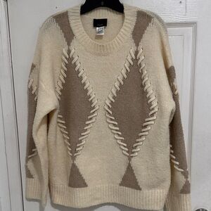 Lumiere Cream and Brown Crew Neck Sweater Size L